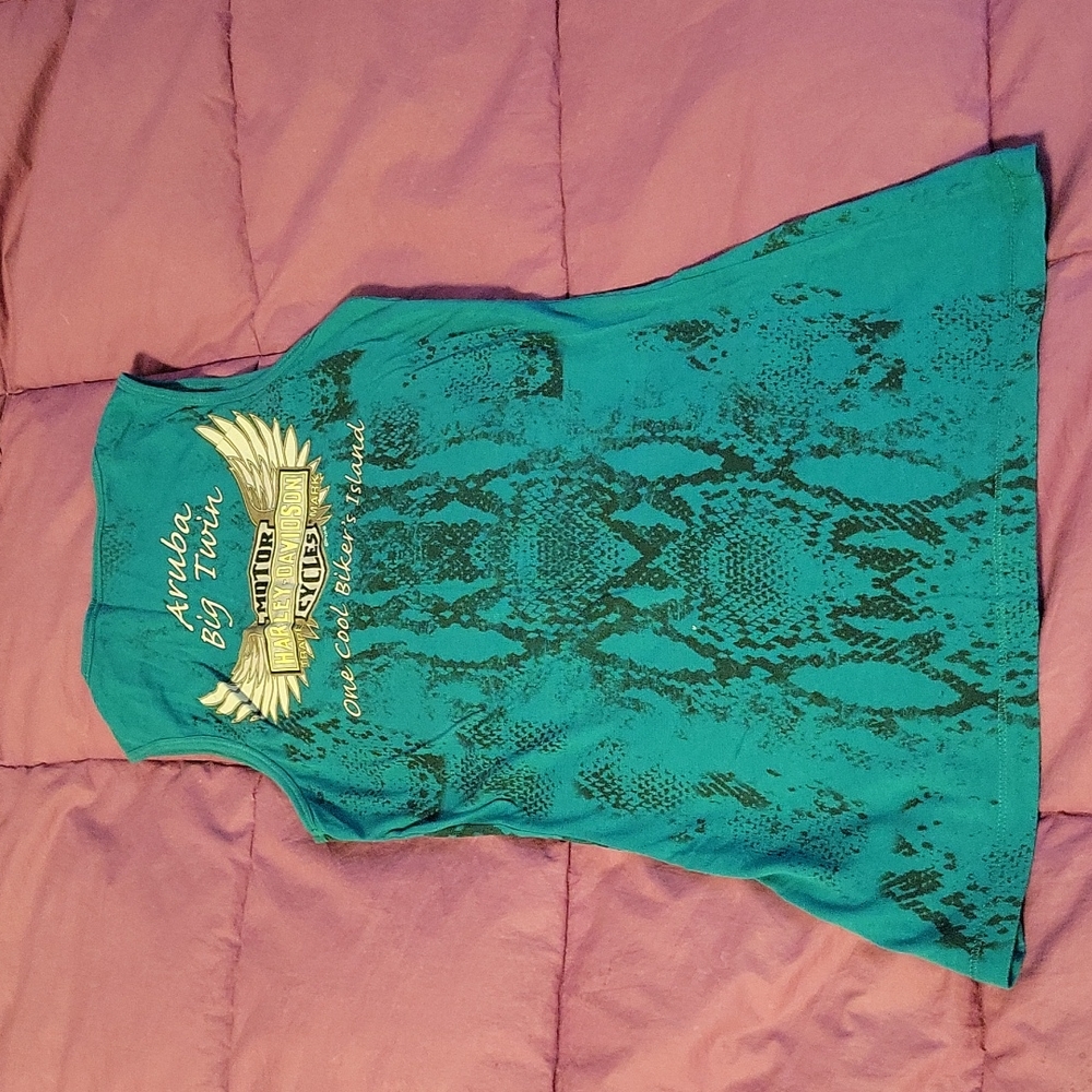 Harley Davidson Aruba Sparkly Snakeskin Print Teal Tank Top Size S - Picture 3 of 5